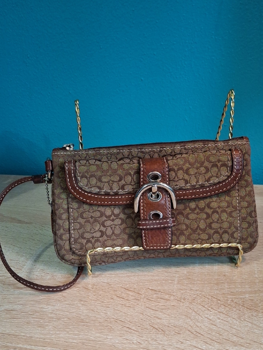 Coach Soho Brown Signature Canvas Wristlet with Leather Trim